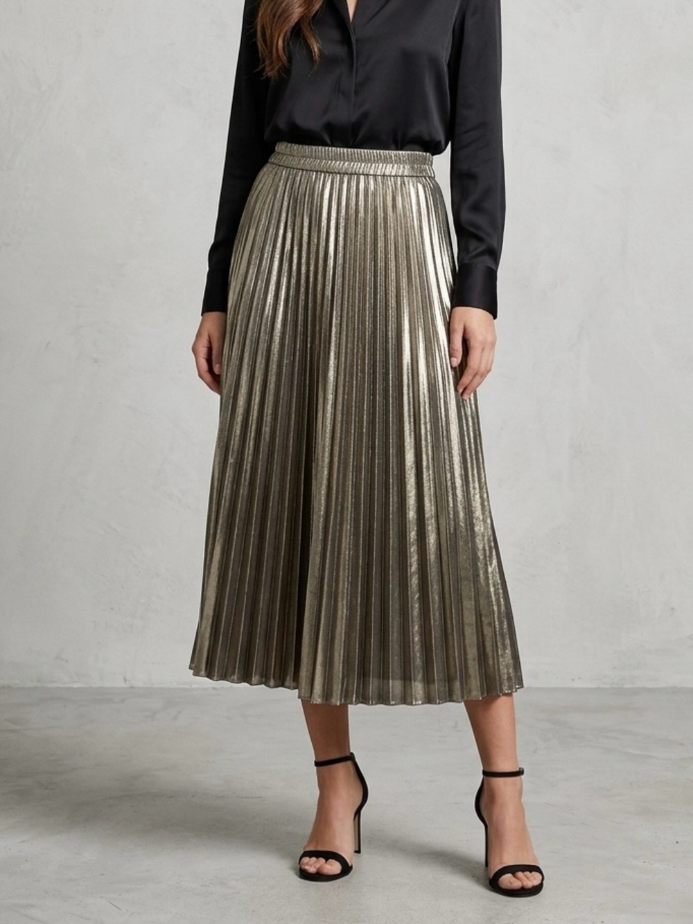 Suzy Shier Metallic Shimmer Pleated Midi Skirt Size Medium
